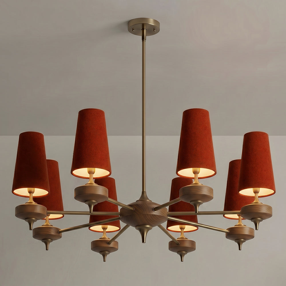 Hour Rho Chandelier - Solid Walnut & Antique Brass Radial Multi-Head Chandelier