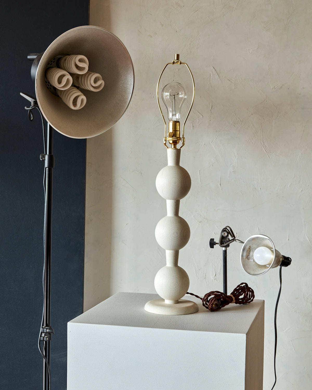 Hugo Barbell Table Lamp - Handcrafted Solid Oak Globe & Woven Fabric Shade Accent Light
