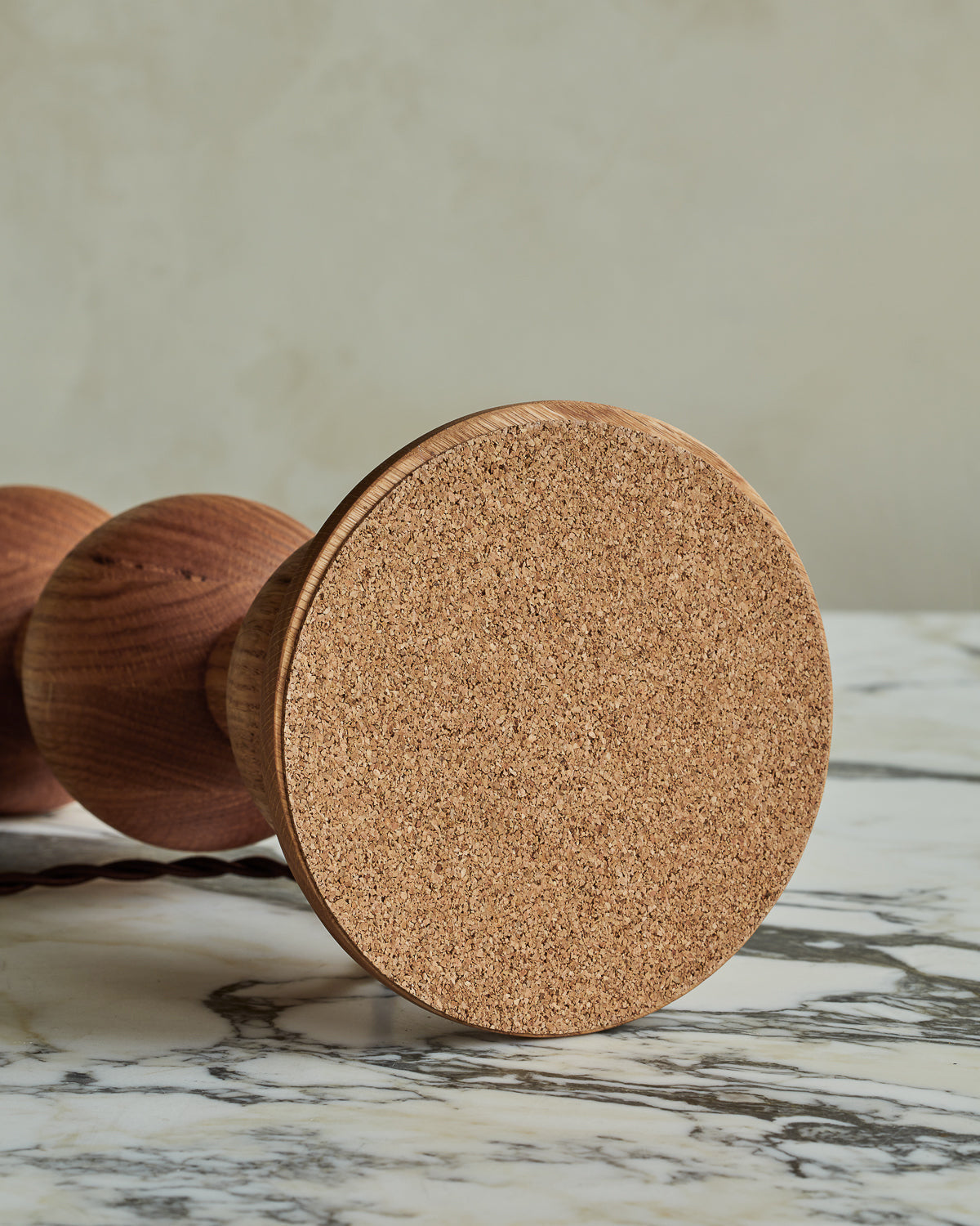 Hugo Barbell Table Lamp - Handcrafted Solid Oak Globe & Woven Fabric Shade Accent Light