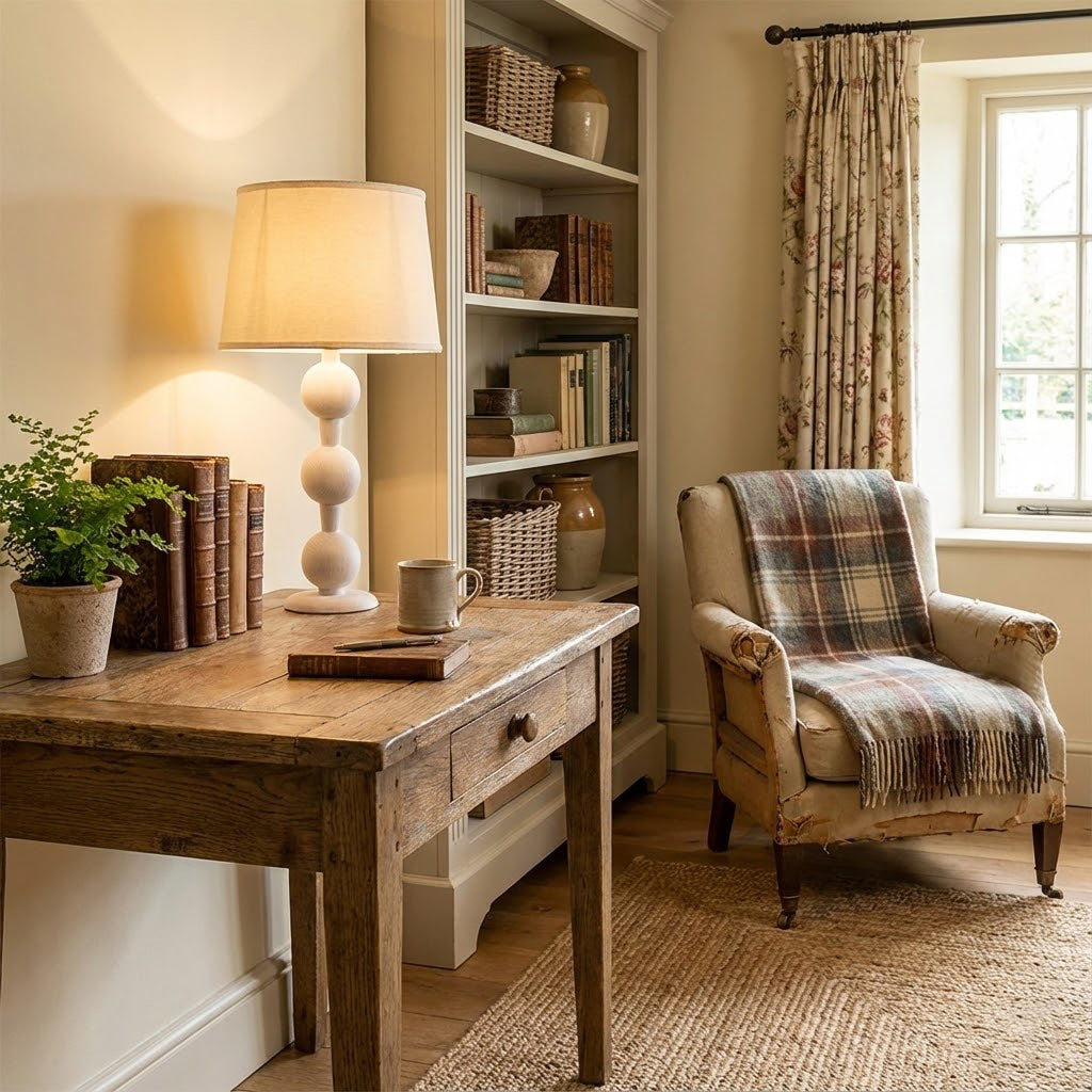 Hugo Barbell Table Lamp - Handcrafted Solid Oak Globe & Woven Fabric Shade Accent Light