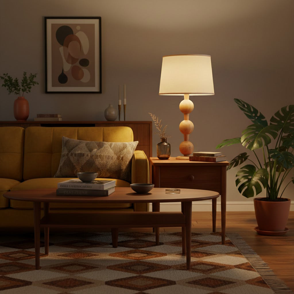 Hugo Barbell Table Lamp - Handcrafted Solid Oak Globe & Woven Fabric Shade Accent Light