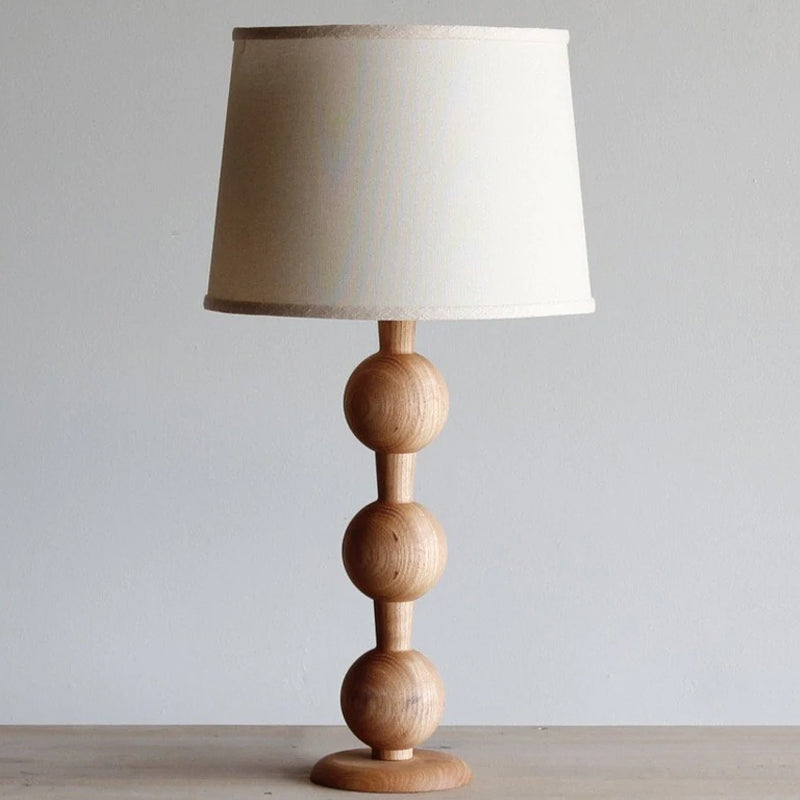 Hugo Barbell Table Lamp - Handcrafted Solid Oak Globe & Woven Fabric Shade Accent Light