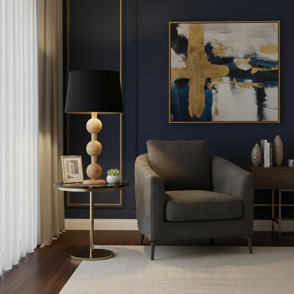 Hugo Barbell Table Lamp - Handcrafted Solid Oak Globe & Woven Fabric Shade Accent Light
