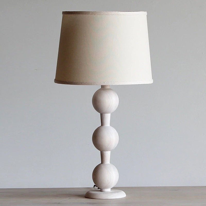 Hugo Barbell Table Lamp - Handcrafted Solid Oak Globe & Woven Fabric Shade Accent Light