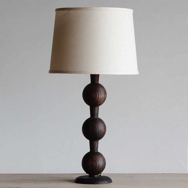 Hugo Barbell Table Lamp - Handcrafted Solid Oak Globe & Woven Fabric Shade Accent Light