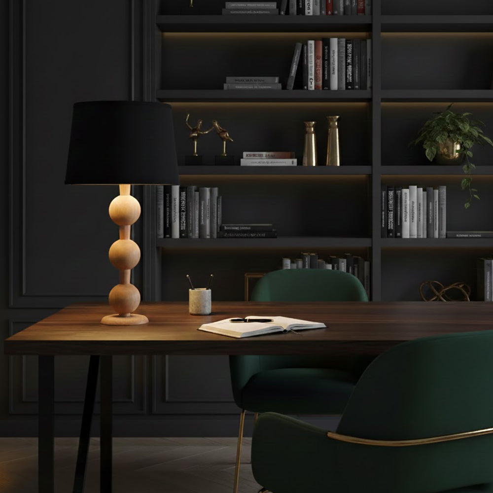 Hugo Barbell Table Lamp - Handcrafted Solid Oak Globe & Woven Fabric Shade Accent Light