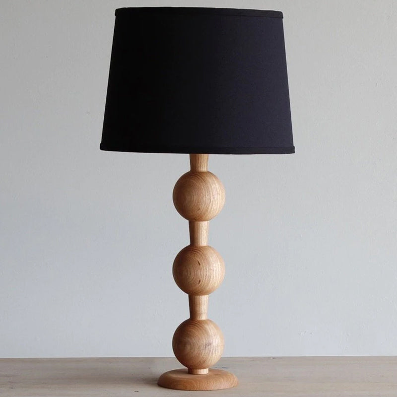 Hugo Barbell Table Lamp - Handcrafted Solid Oak Globe & Woven Fabric Shade Accent Light