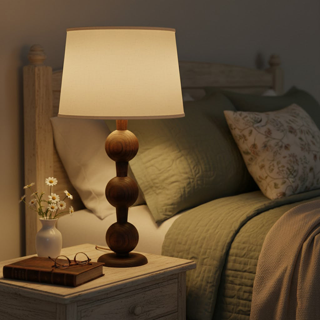 Hugo Barbell Table Lamp - Handcrafted Solid Oak Globe & Woven Fabric Shade Accent Light