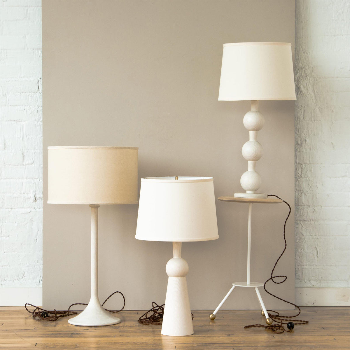 Hugo Barbell Table Lamp - Handcrafted Solid Oak Globe & Woven Fabric Shade Accent Light