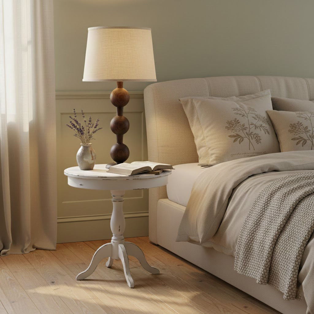 Hugo Barbell Table Lamp - Handcrafted Solid Oak Globe & Woven Fabric Shade Accent Light