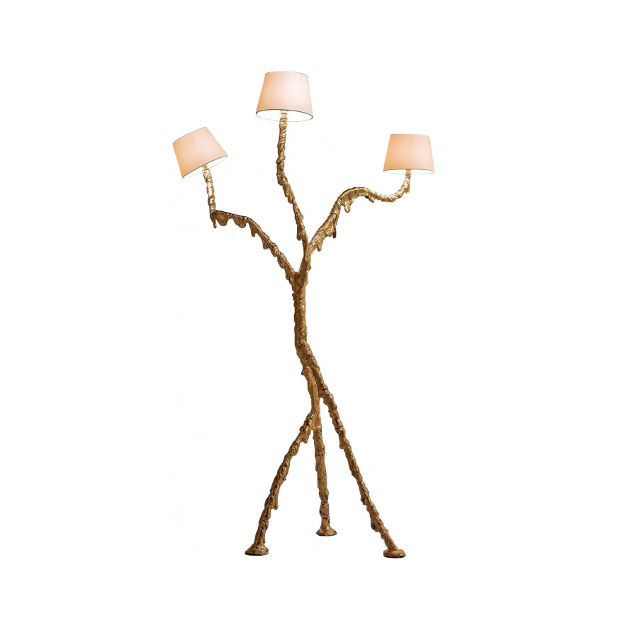 Ines Floor Lamp - Architectural 3-Head Brass Structure & White Fabric Shade Light