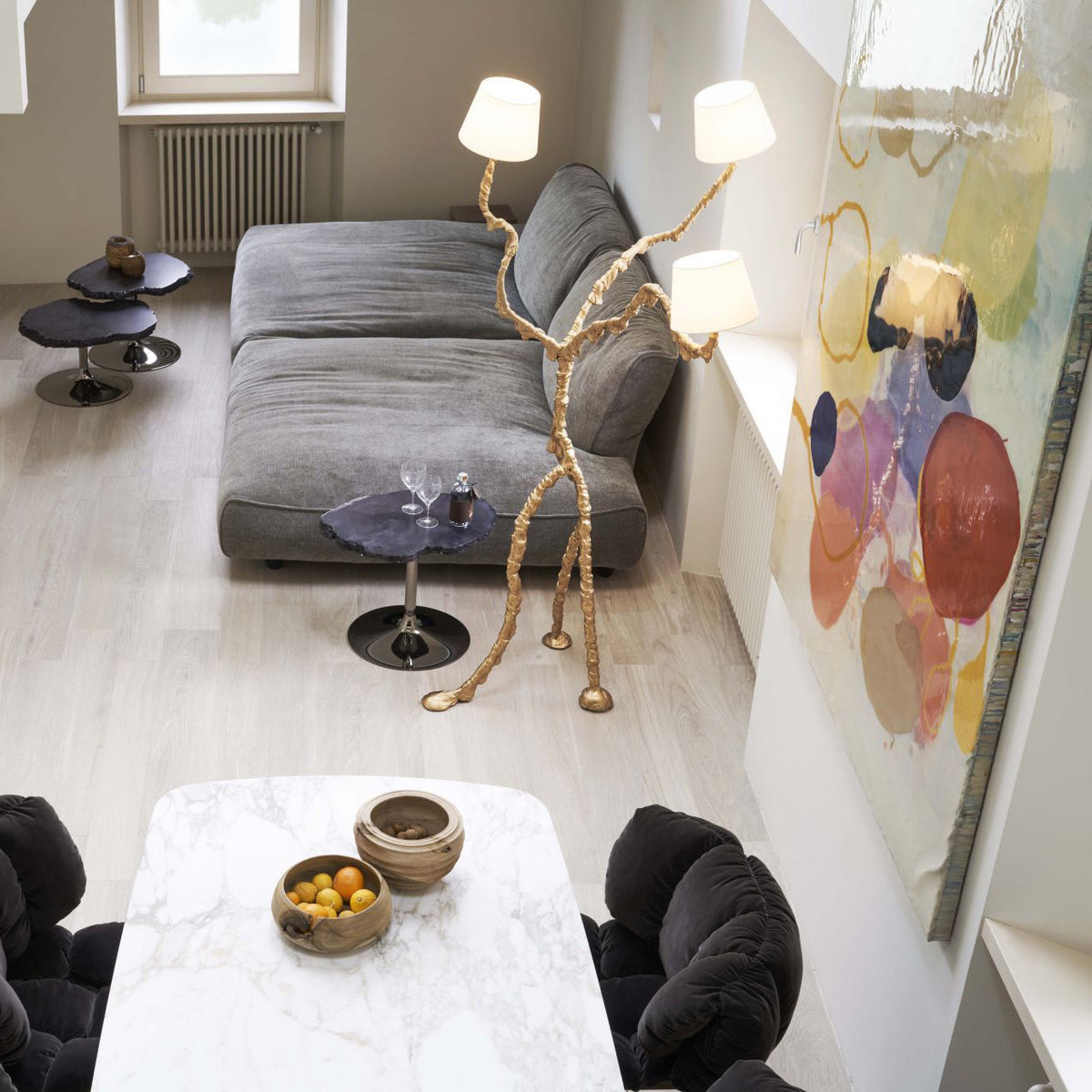 Ines Floor Lamp - Architectural 3-Head Brass Structure & White Fabric Shade Light