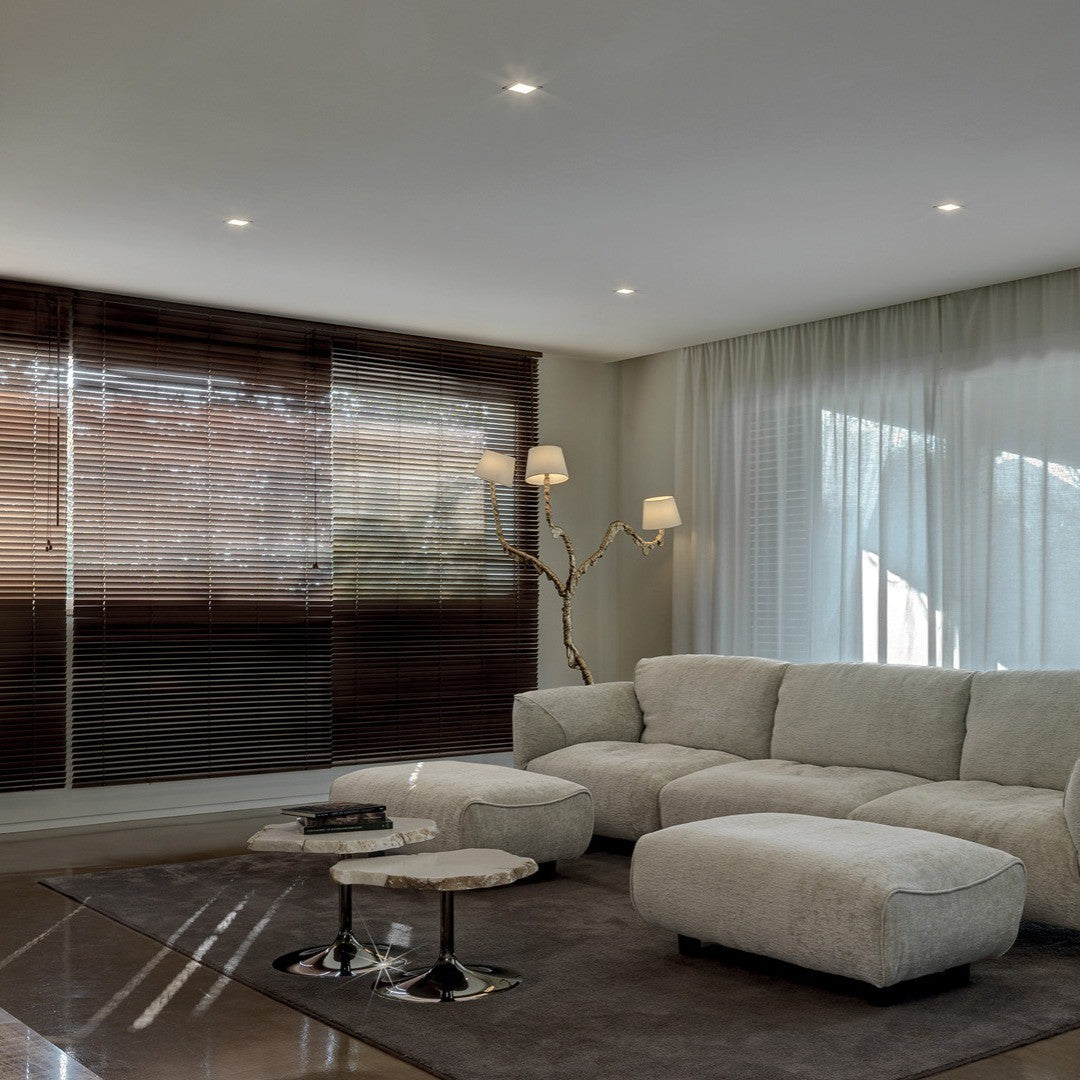 Ines Floor Lamp - Architectural 3-Head Brass Structure & White Fabric Shade Light