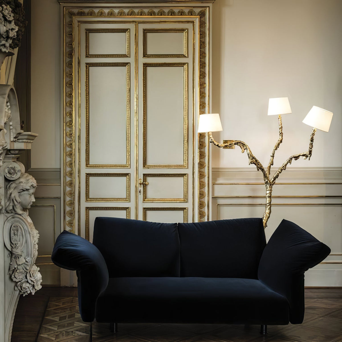 Ines Floor Lamp - Architectural 3-Head Brass Structure & White Fabric Shade Light