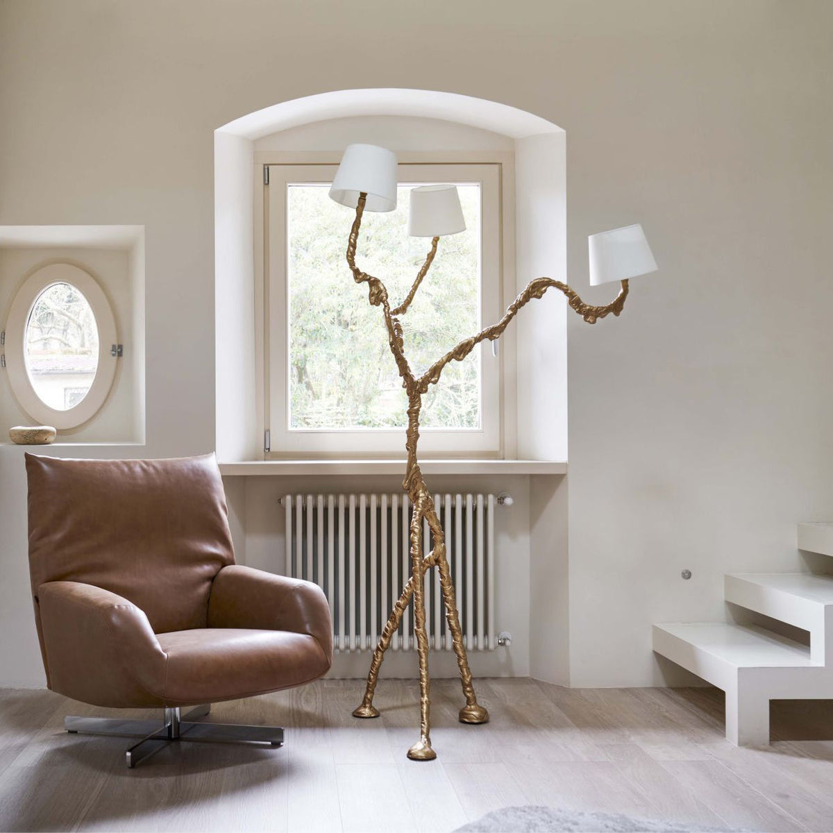 Ines Floor Lamp - Architectural 3-Head Brass Structure & White Fabric Shade Light