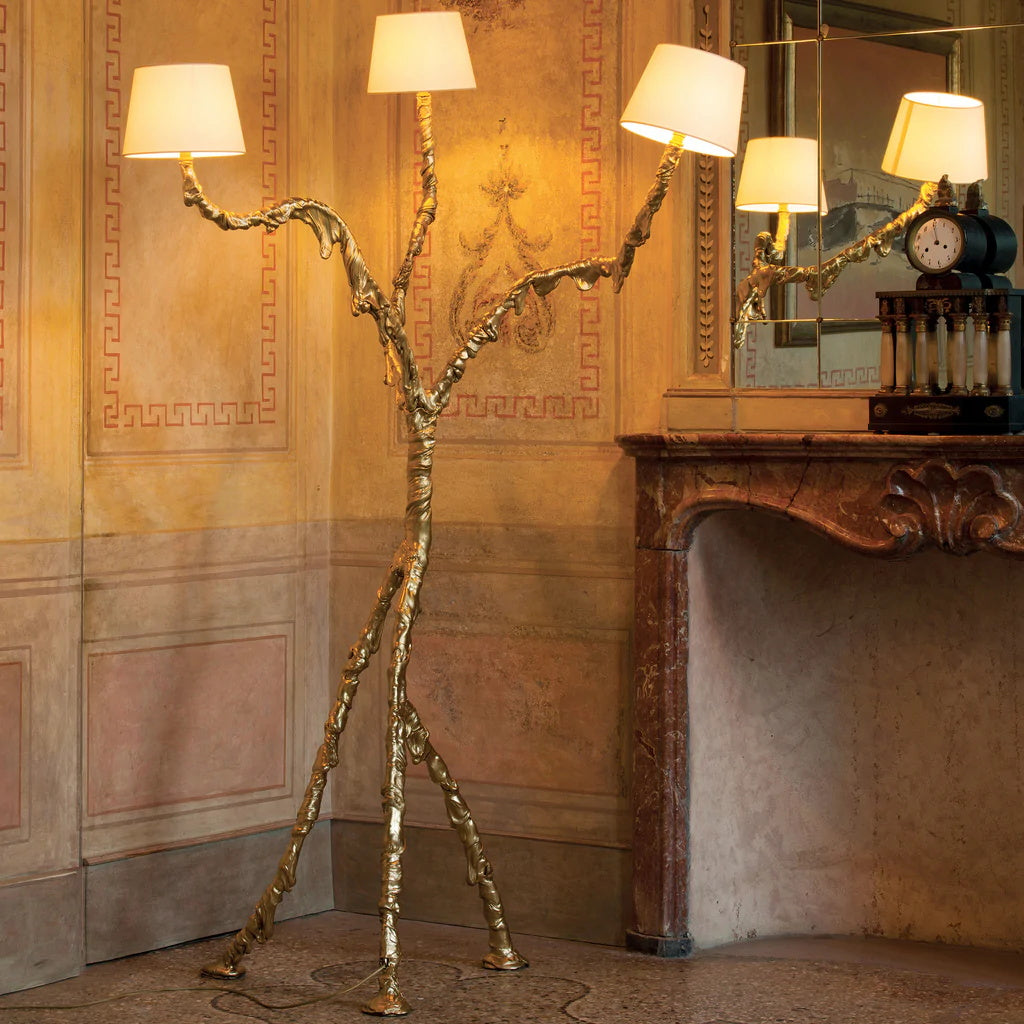 Ines Floor Lamp - Architectural 3-Head Brass Structure & White Fabric Shade Light