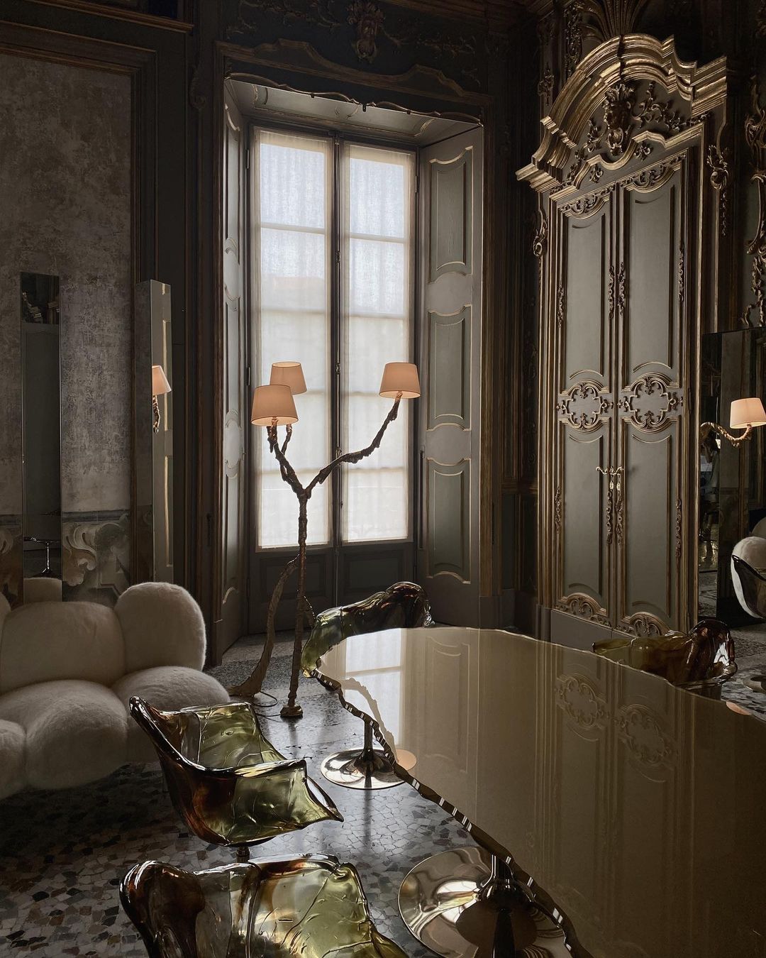 Ines Floor Lamp - Architectural 3-Head Brass Structure & White Fabric Shade Light