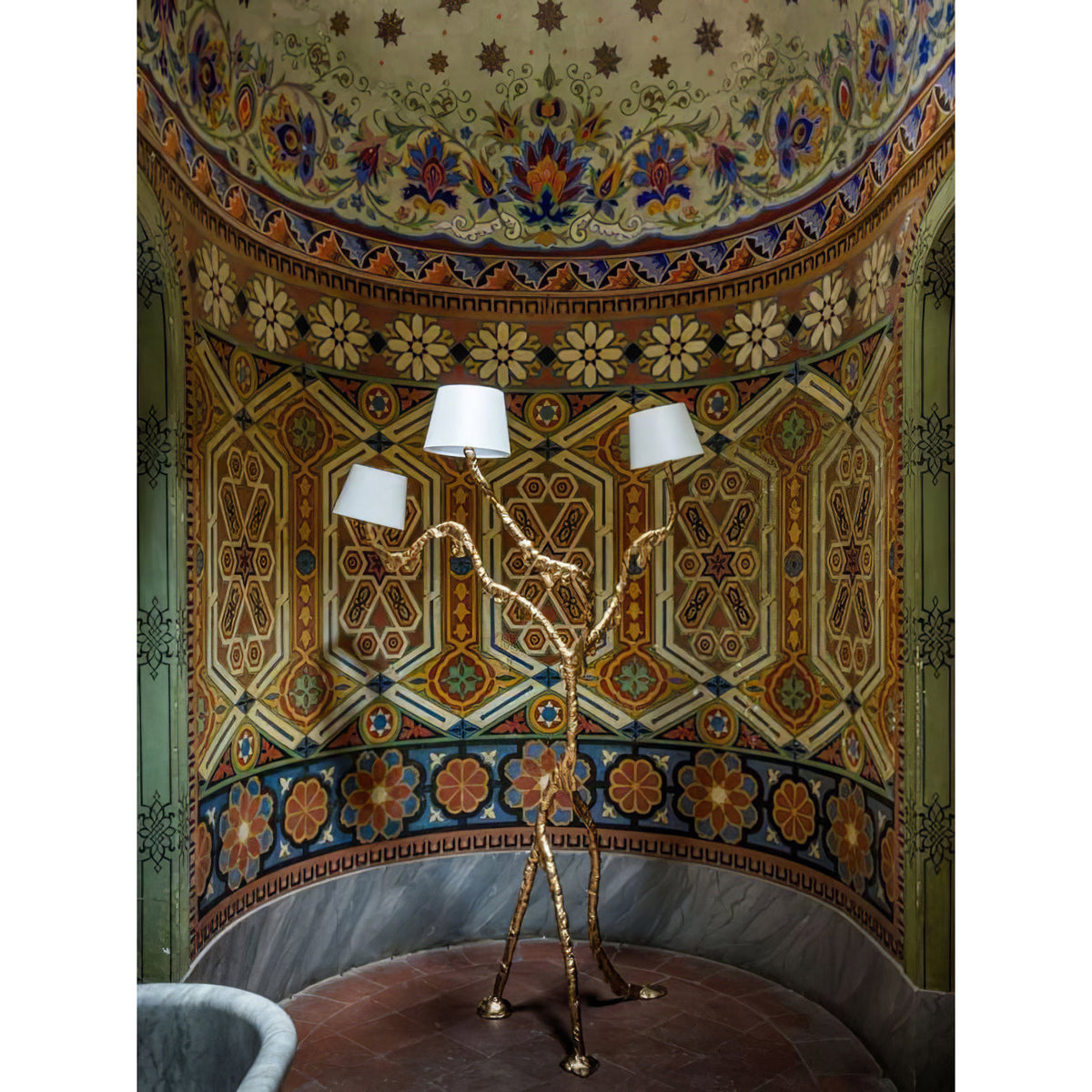 Ines Floor Lamp - Architectural 3-Head Brass Structure & White Fabric Shade Light