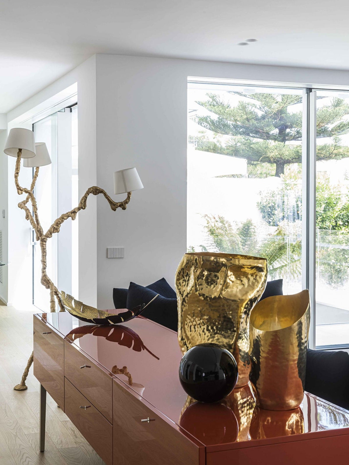Ines Floor Lamp - Architectural 3-Head Brass Structure & White Fabric Shade Light