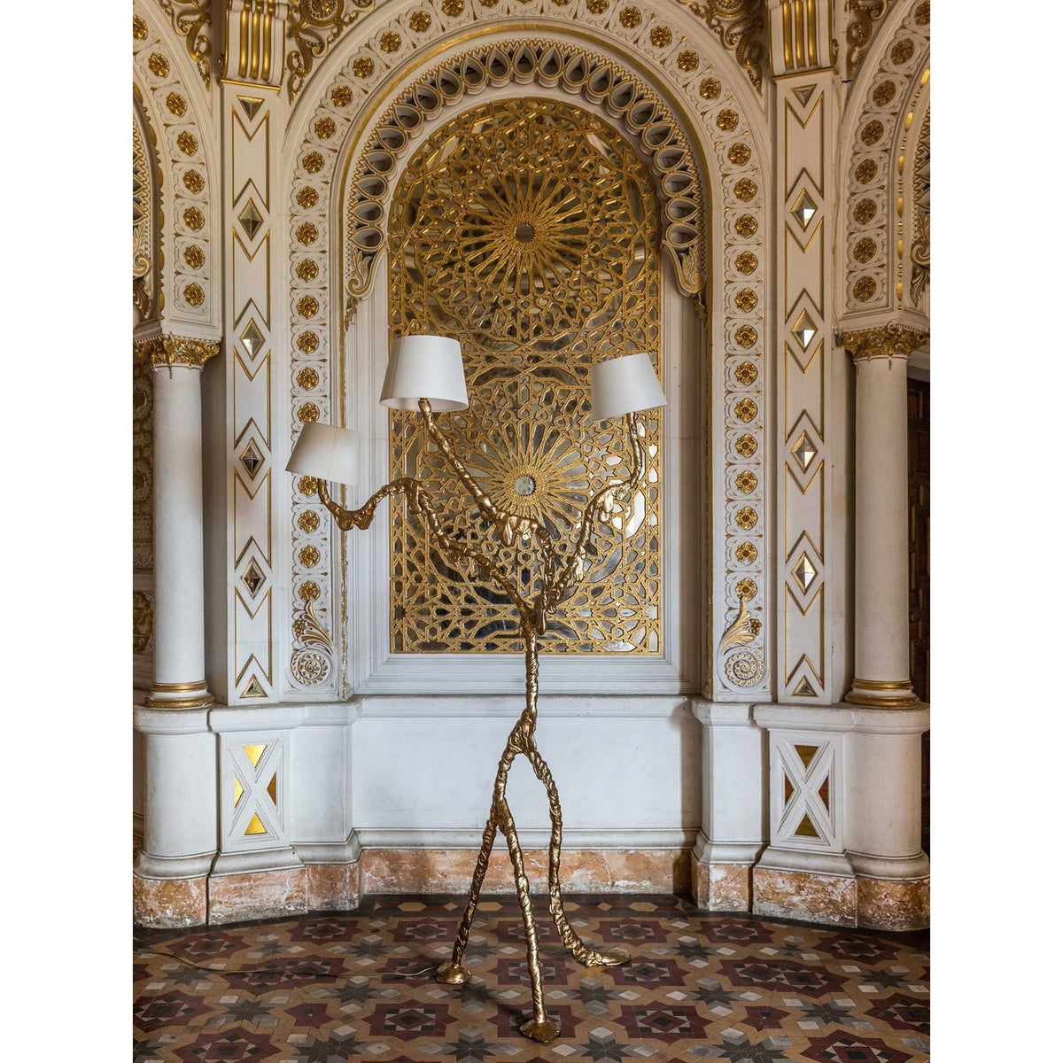 Ines Floor Lamp - Architectural 3-Head Brass Structure & White Fabric Shade Light