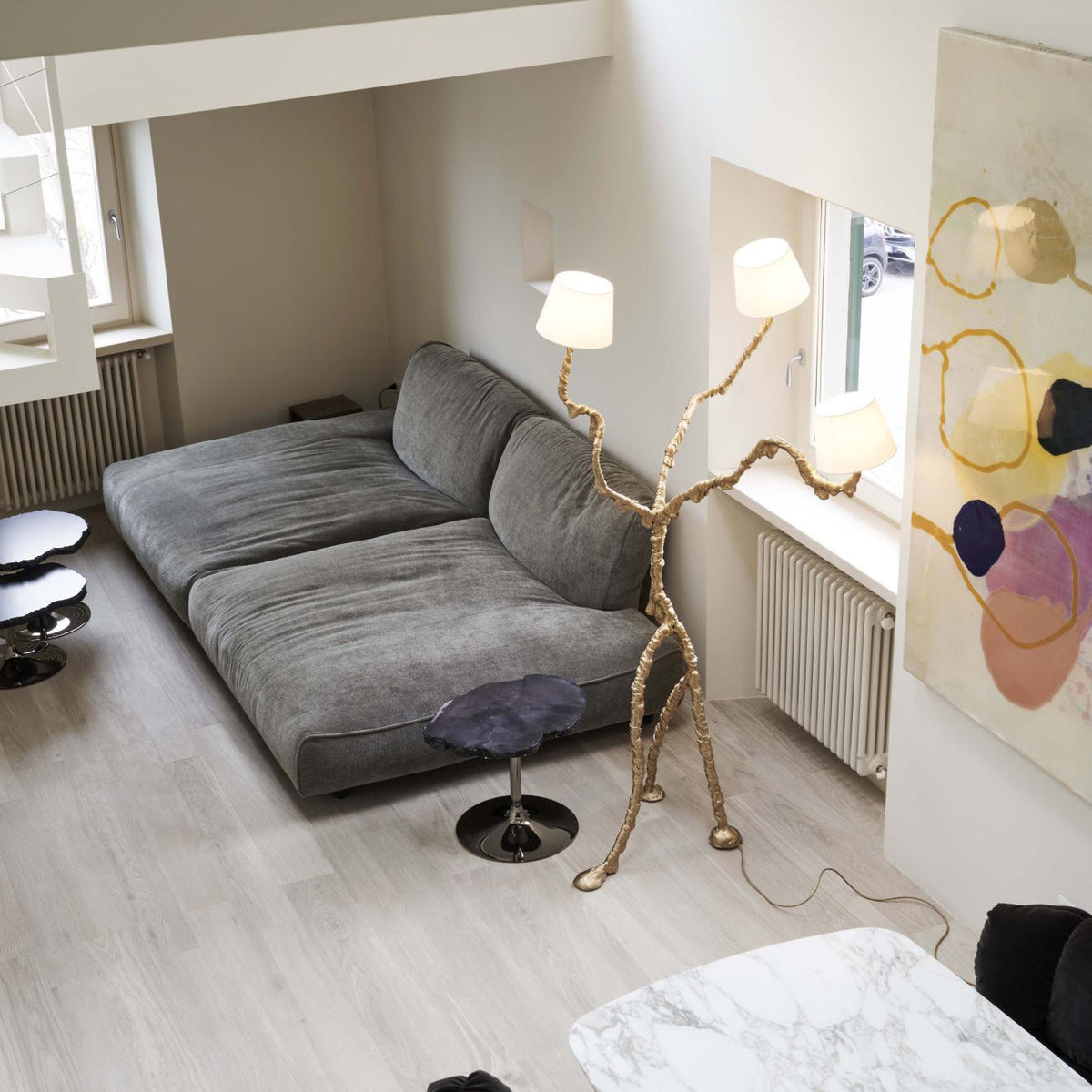 Ines Floor Lamp - Architectural 3-Head Brass Structure & White Fabric Shade Light