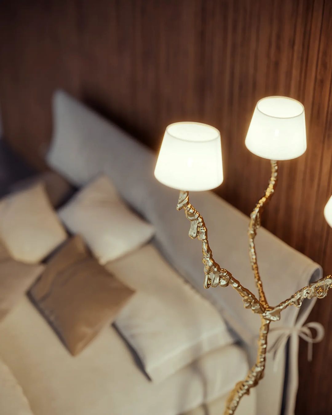 Ines Floor Lamp - Architectural 3-Head Brass Structure & White Fabric Shade Light