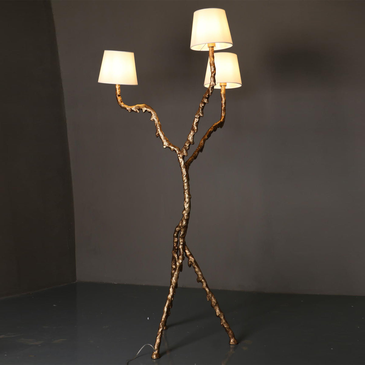 Ines Floor Lamp - Architectural 3-Head Brass Structure & White Fabric Shade Light
