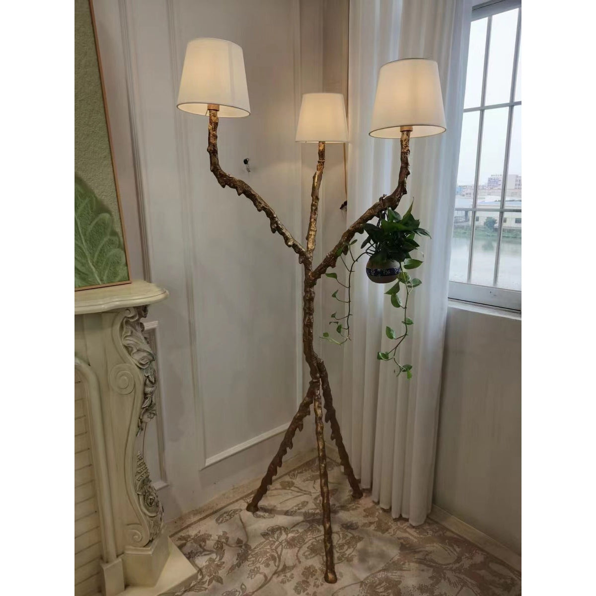 Ines Floor Lamp - Architectural 3-Head Brass Structure & White Fabric Shade Light