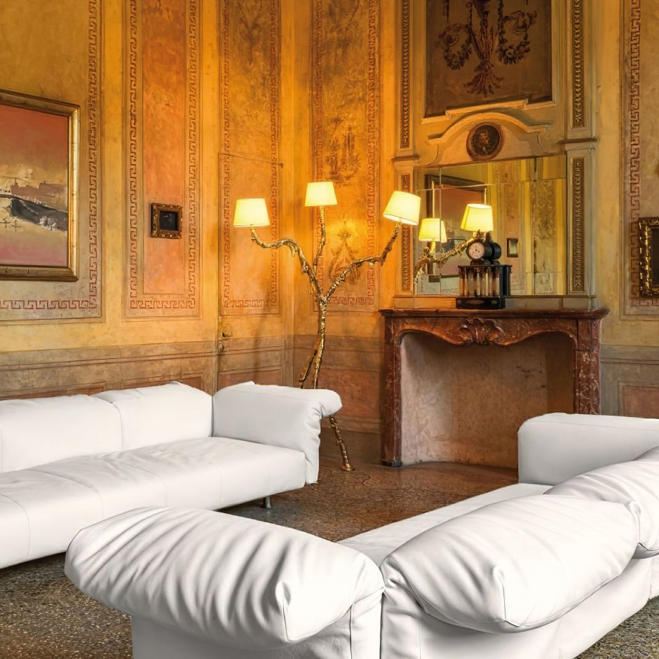 Ines Floor Lamp - Architectural 3-Head Brass Structure & White Fabric Shade Light