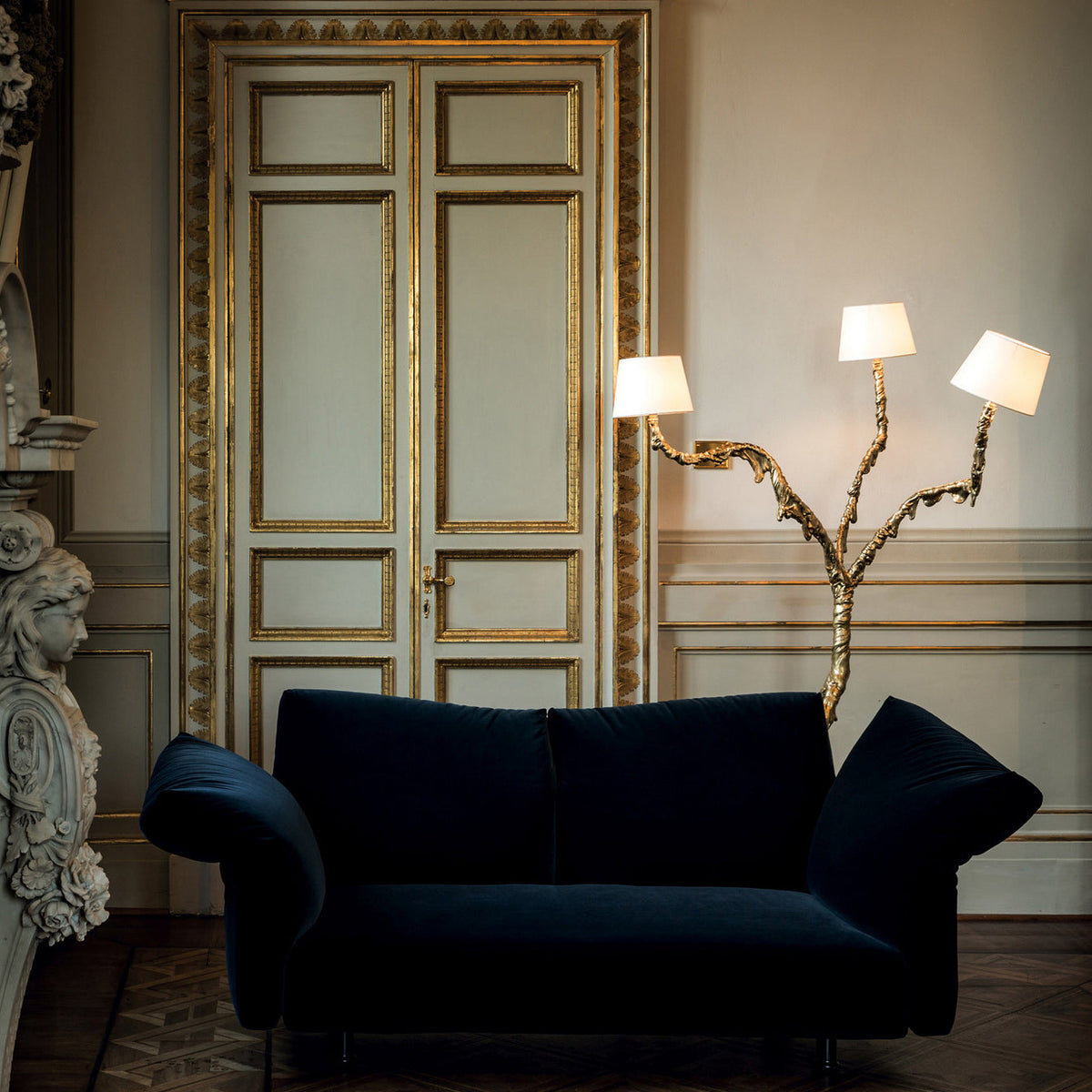 Ines Floor Lamp - Architectural 3-Head Brass Structure & White Fabric Shade Light
