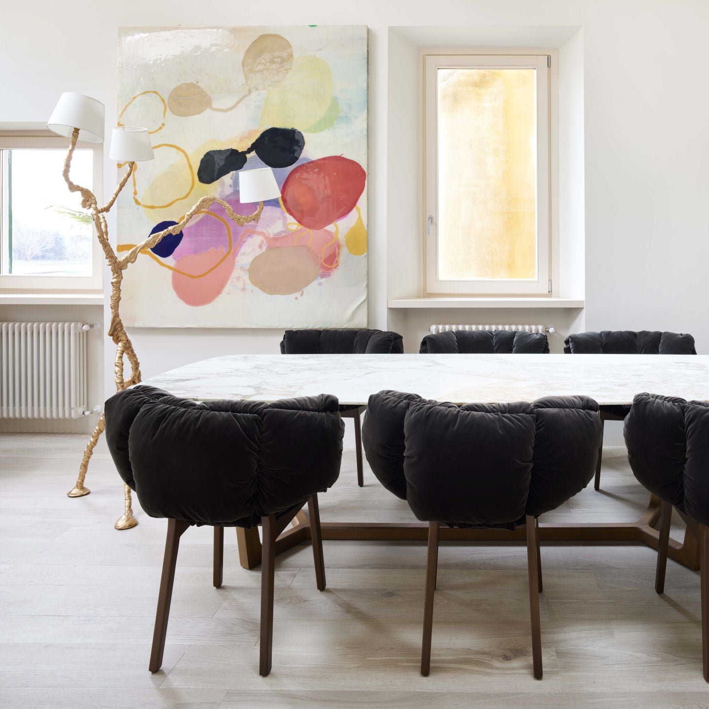 Ines Floor Lamp - Architectural 3-Head Brass Structure & White Fabric Shade Light