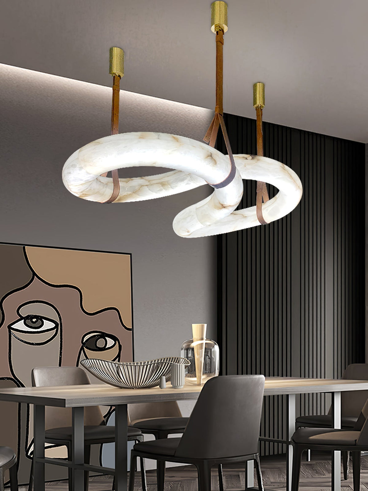 Infinity Alabaster Chandelier - Tubular Spanish Alabaster & Brown Leather Suspension Sculpture