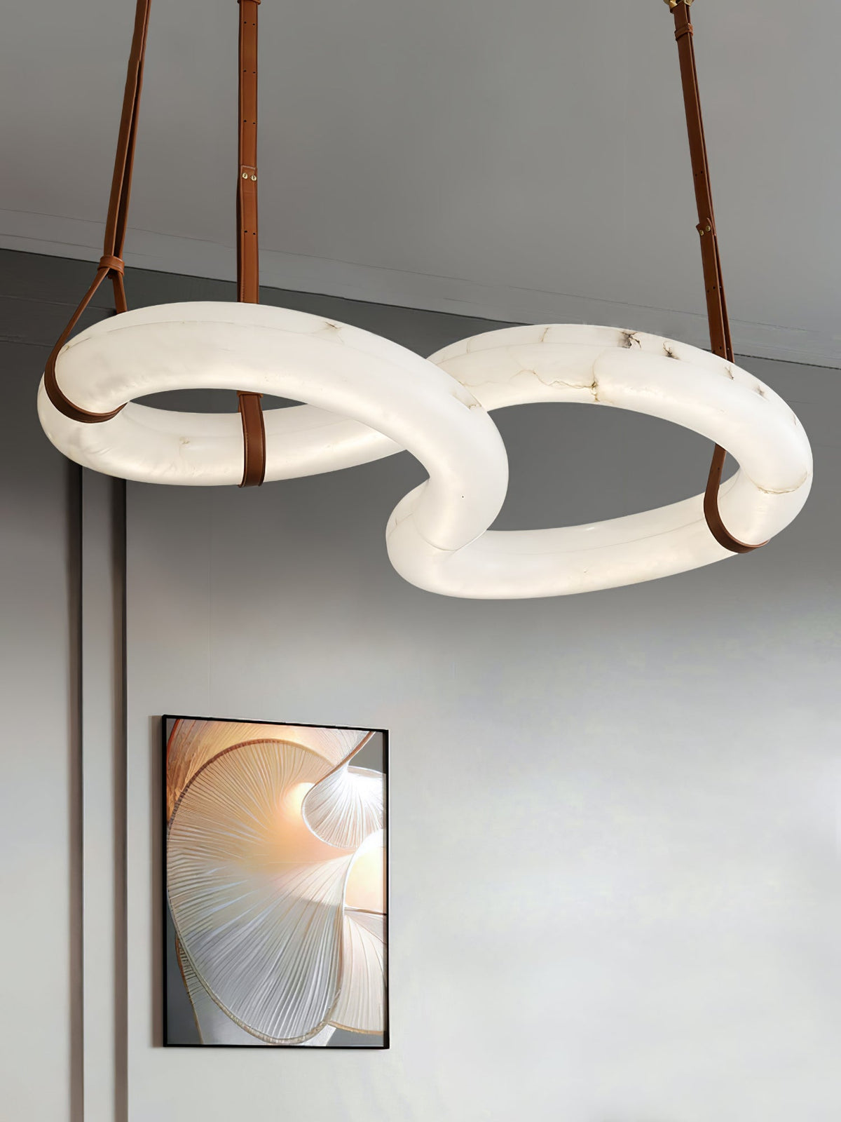 Infinity Alabaster Chandelier - Tubular Spanish Alabaster & Brown Leather Suspension Sculpture