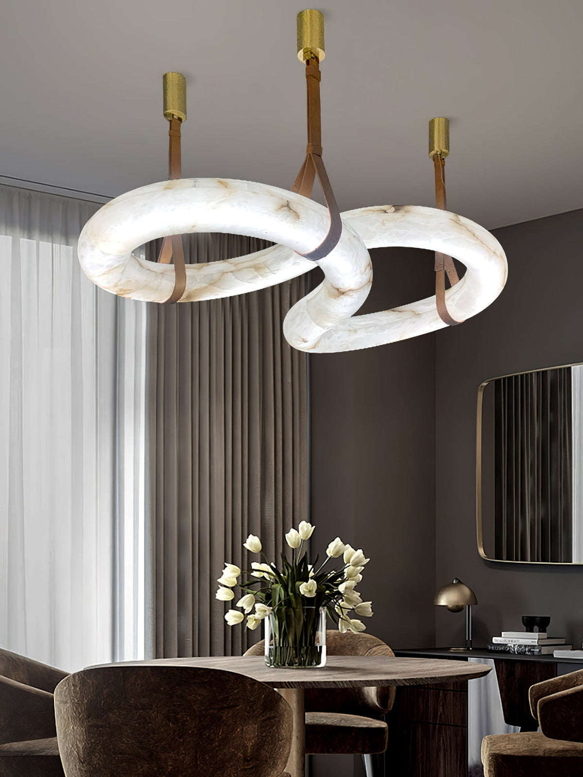 Infinity Alabaster Chandelier - Tubular Spanish Alabaster & Brown Leather Suspension Sculpture