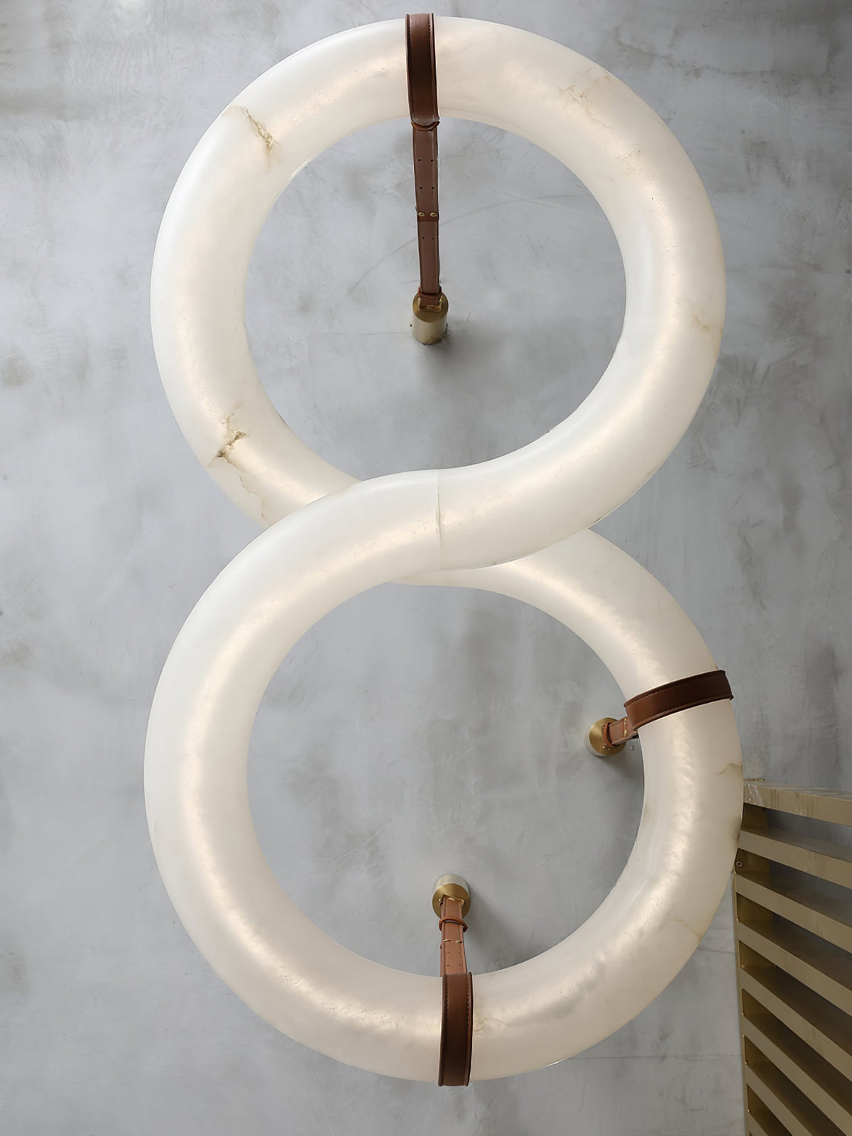 Infinity Alabaster Chandelier - Tubular Spanish Alabaster & Brown Leather Suspension Sculpture