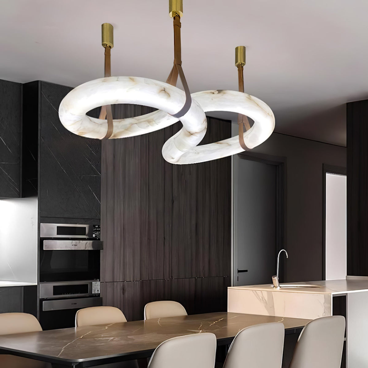 Infinity Alabaster Chandelier - Tubular Spanish Alabaster & Brown Leather Suspension Sculpture