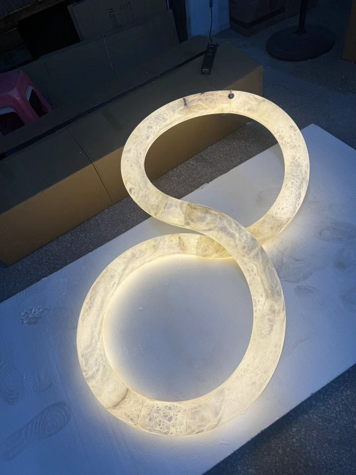 Infinity Alabaster Chandelier - Tubular Spanish Alabaster & Brown Leather Suspension Sculpture