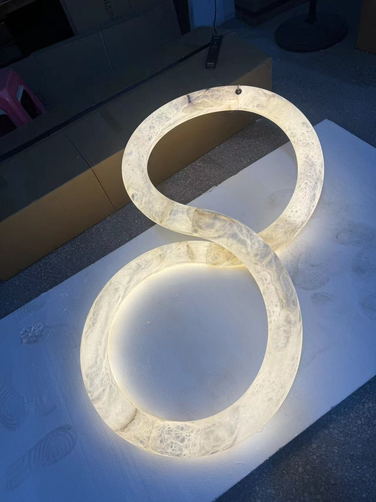 Infinity Alabaster Chandelier - Tubular Spanish Alabaster & Brown Leather Suspension Sculpture