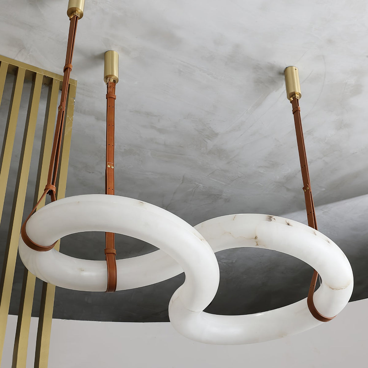 Infinity Alabaster Chandelier - Tubular Spanish Alabaster & Brown Leather Suspension Sculpture