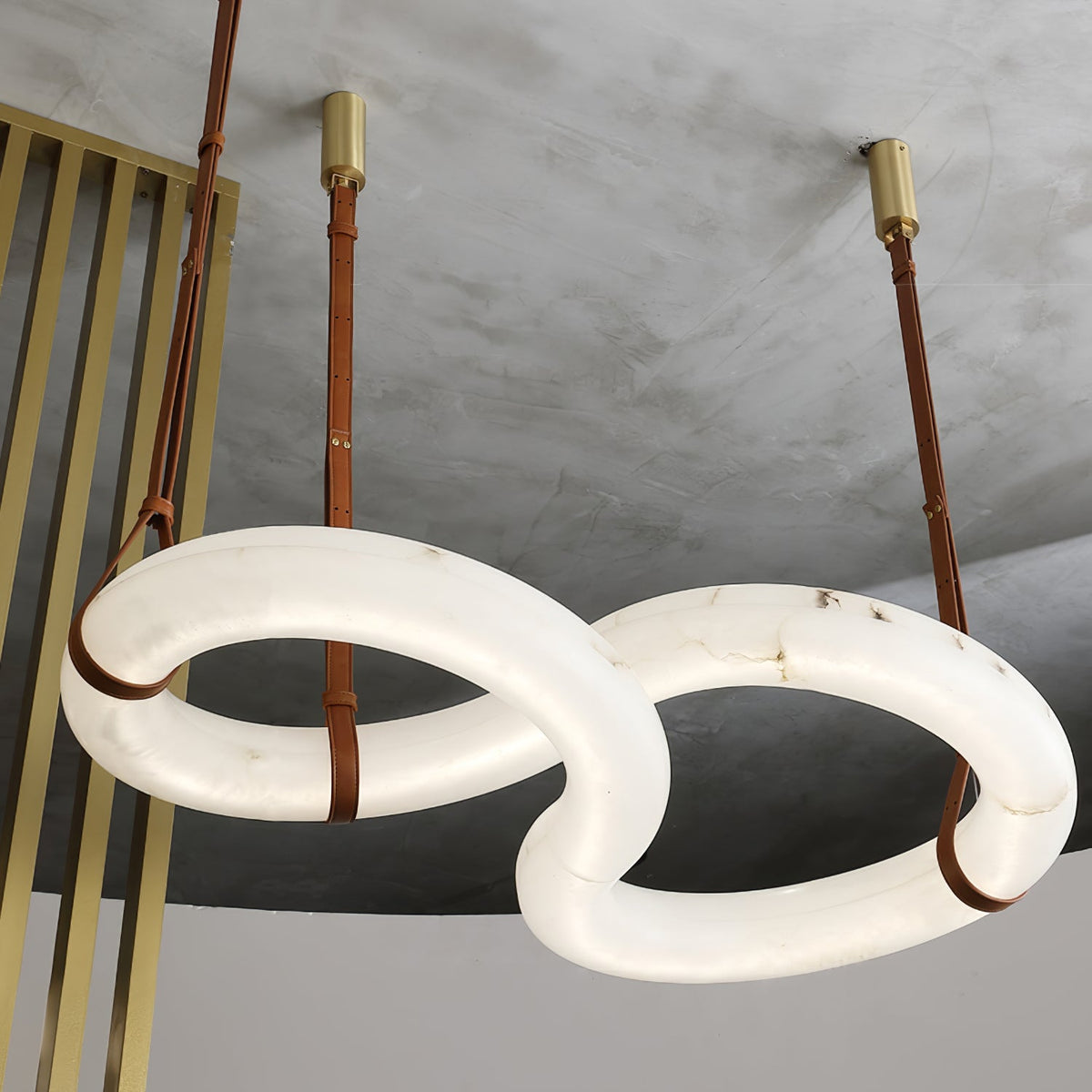Infinity Alabaster Chandelier - Tubular Spanish Alabaster & Brown Leather Suspension Sculpture