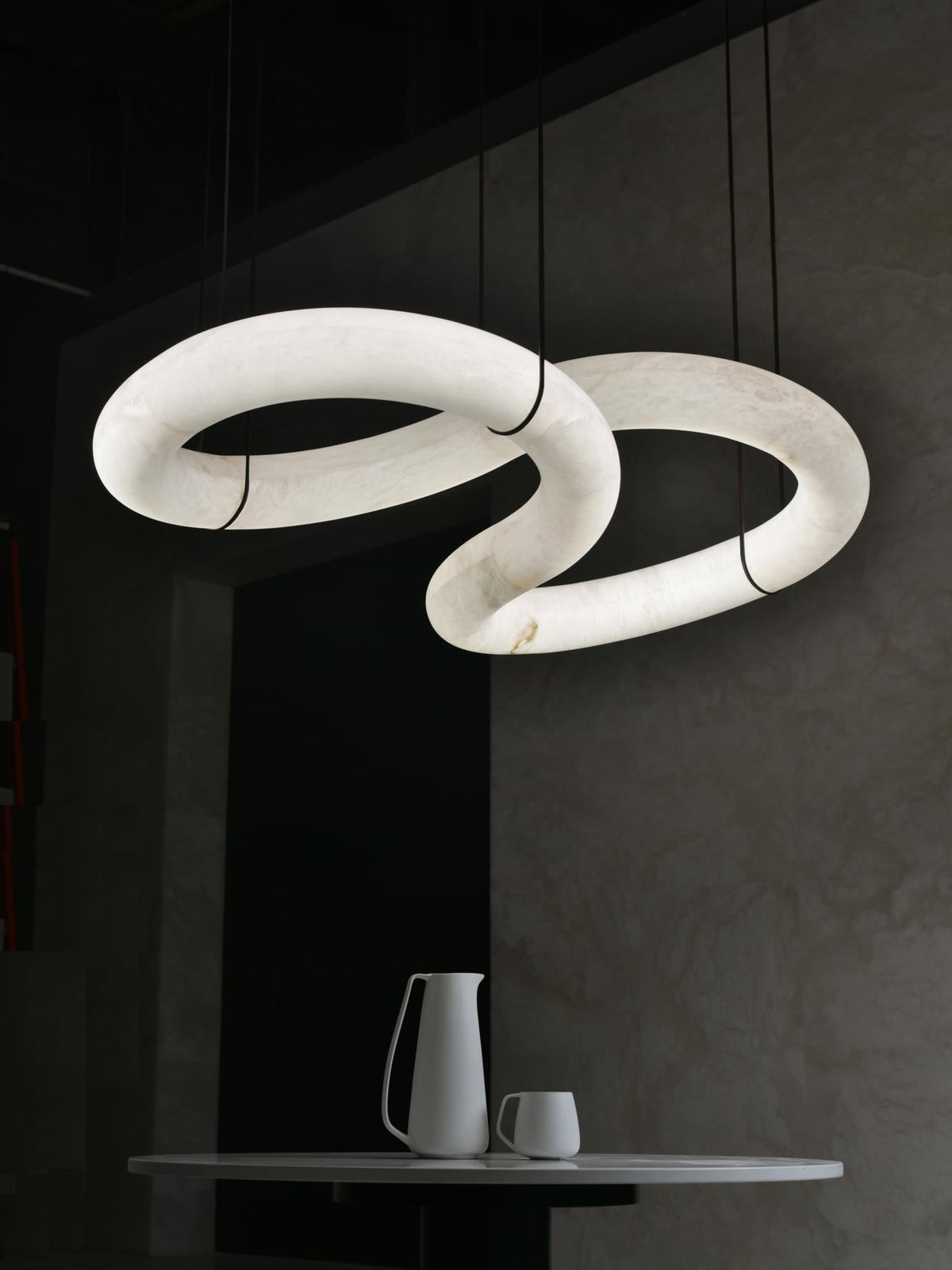 Infinity Alabaster Chandelier - Tubular Spanish Alabaster & Brown Leather Suspension Sculpture