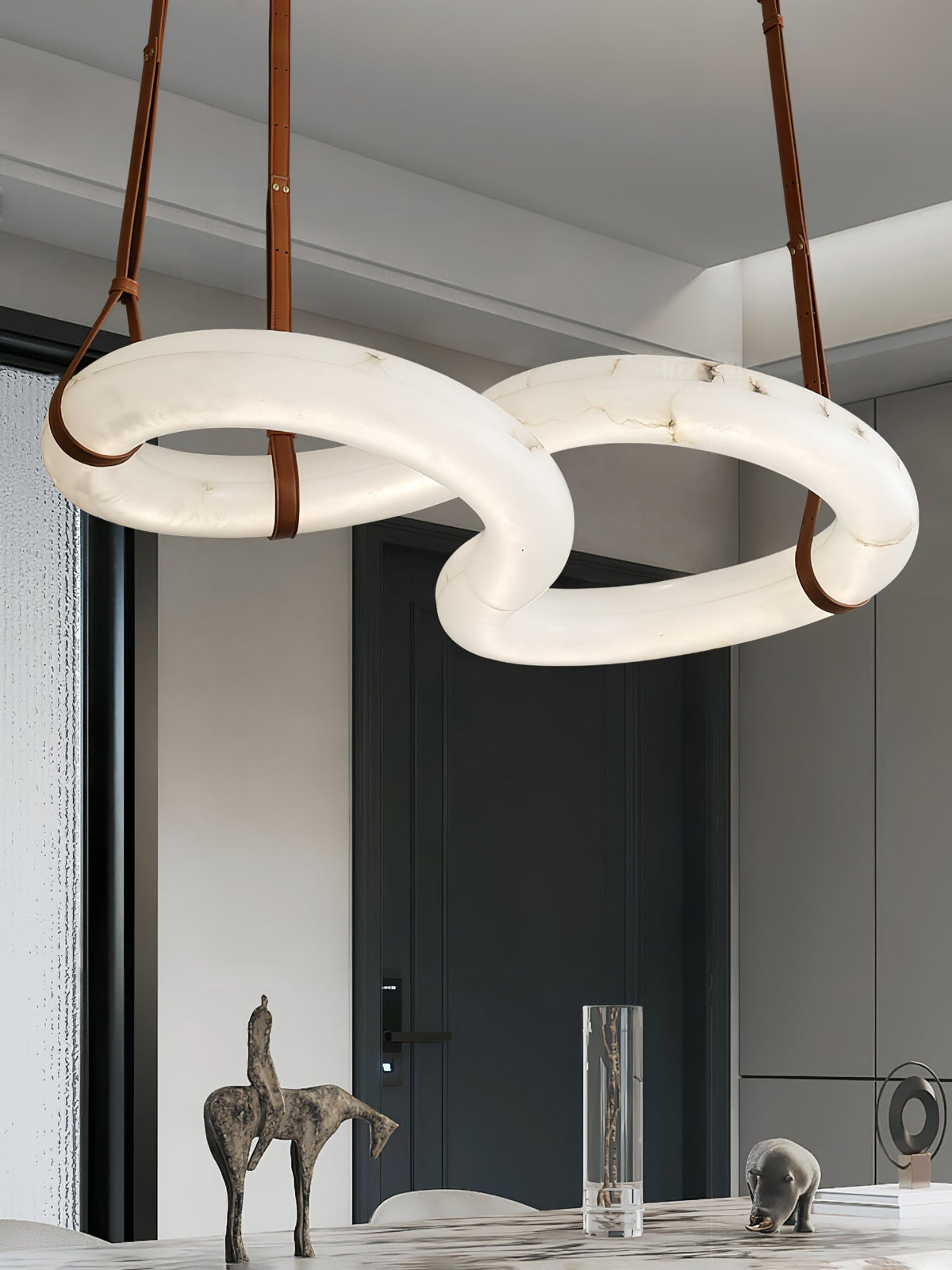 Infinity Alabaster Chandelier - Tubular Spanish Alabaster & Brown Leather Suspension Sculpture