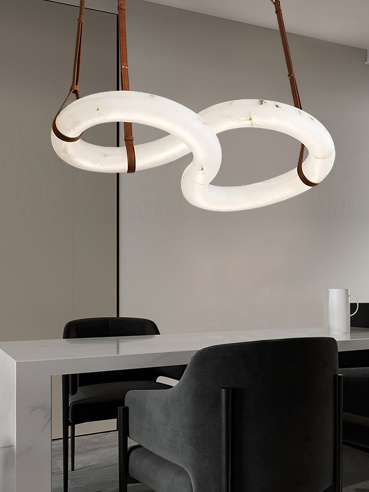 Infinity Alabaster Chandelier - Tubular Spanish Alabaster & Brown Leather Suspension Sculpture