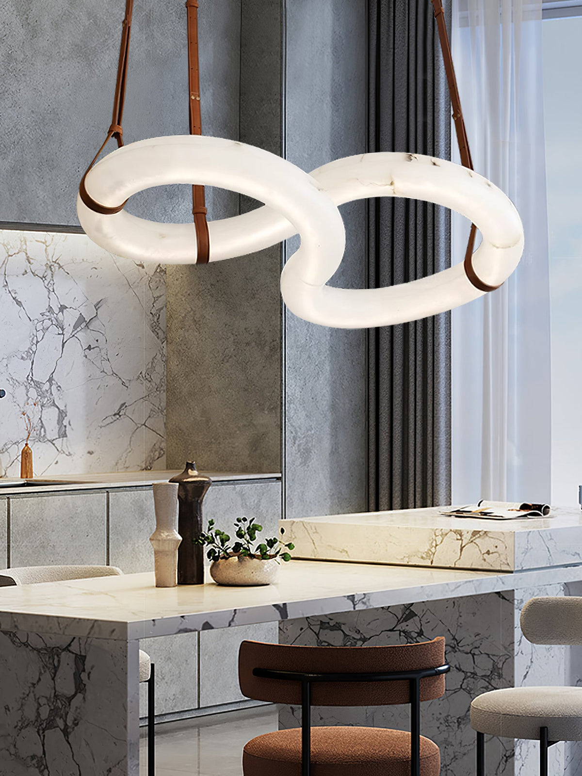 Infinity Alabaster Chandelier - Tubular Spanish Alabaster & Brown Leather Suspension Sculpture