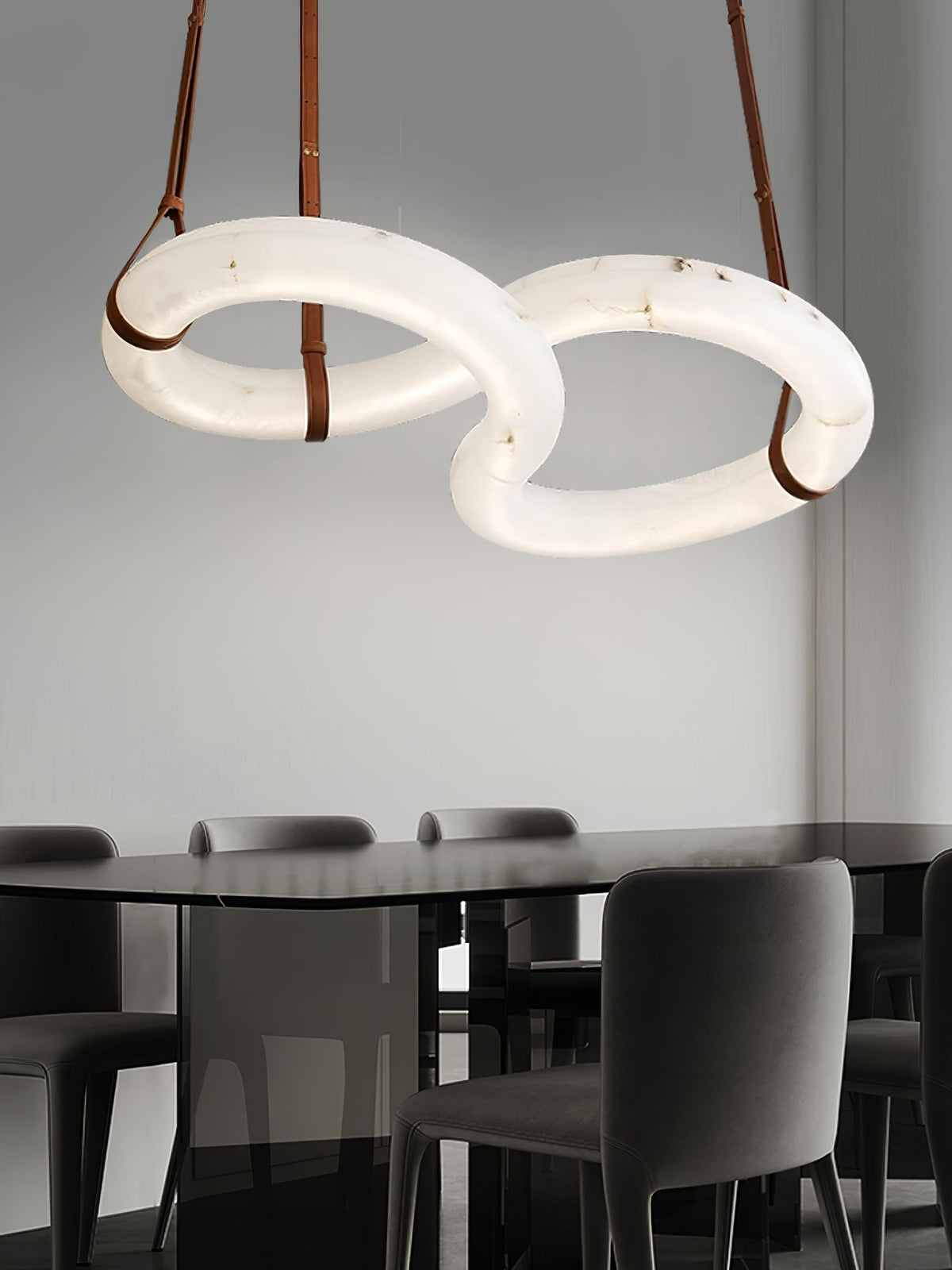 Infinity Alabaster Chandelier - Tubular Spanish Alabaster & Brown Leather Suspension Sculpture