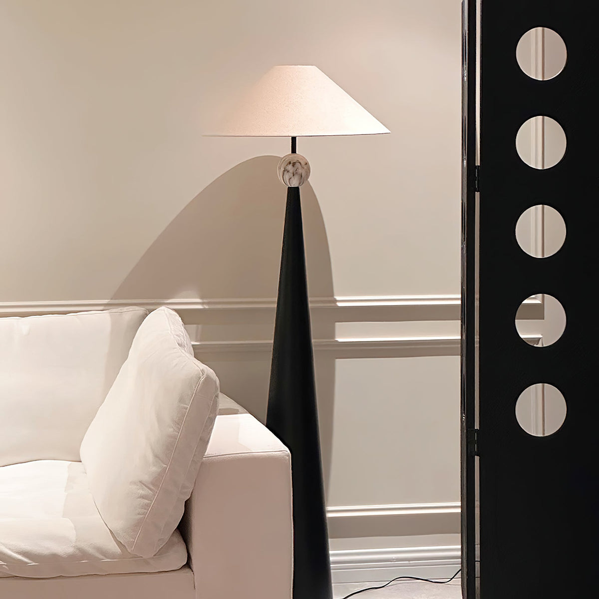 Innes Floor Lamp - Textured Black Iron & Marble Pattern Base with Cotton Shade