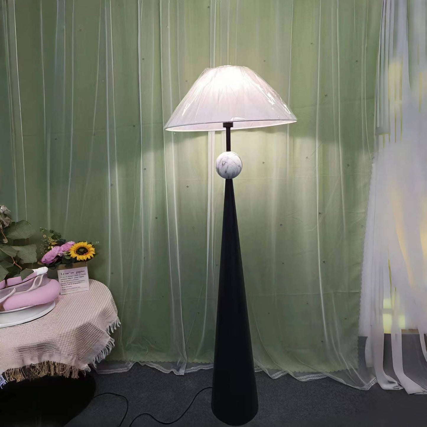 Innes Floor Lamp - Textured Black Iron & Marble Pattern Base with Cotton Shade
