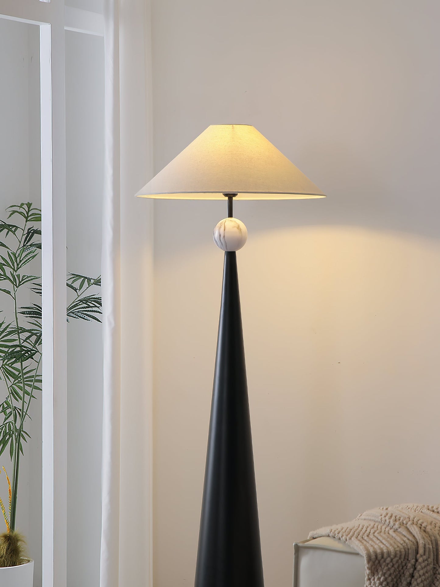 Innes Floor Lamp - Textured Black Iron & Marble Pattern Base with Cotton Shade