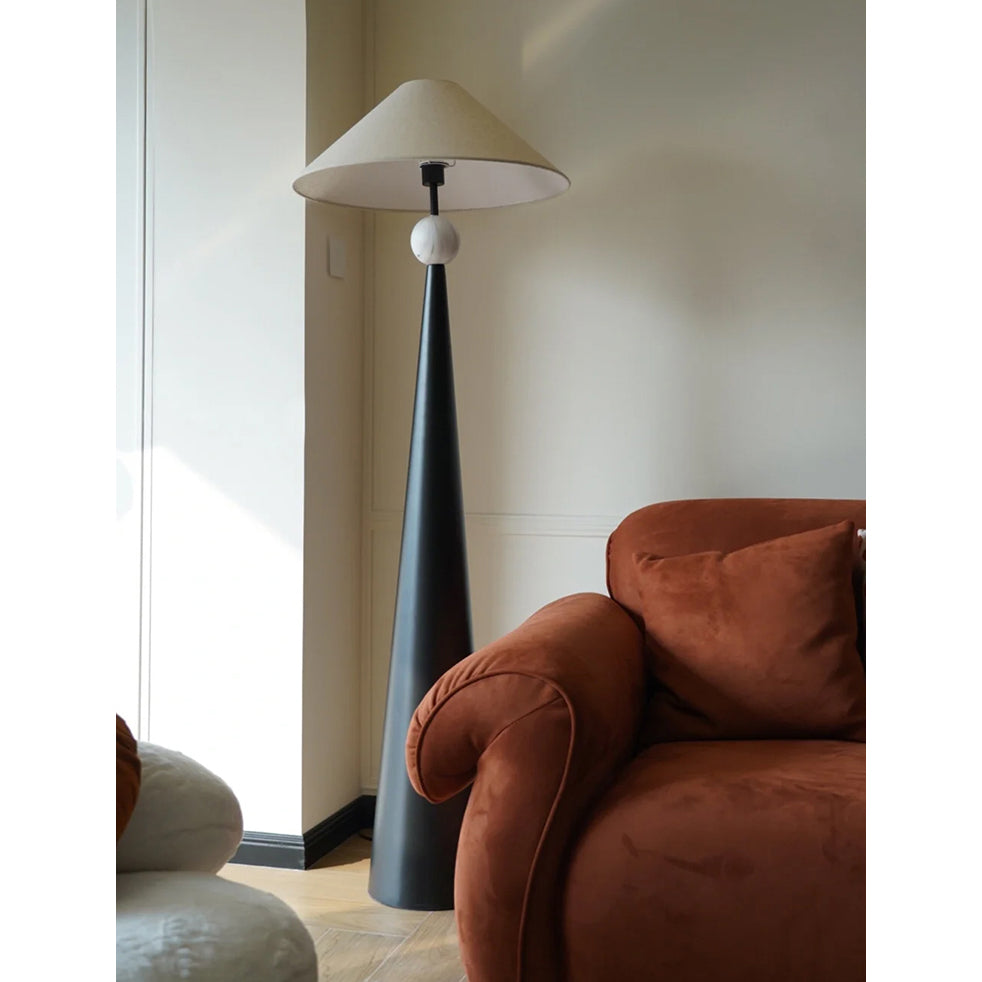 Innes Floor Lamp - Textured Black Iron & Marble Pattern Base with Cotton Shade
