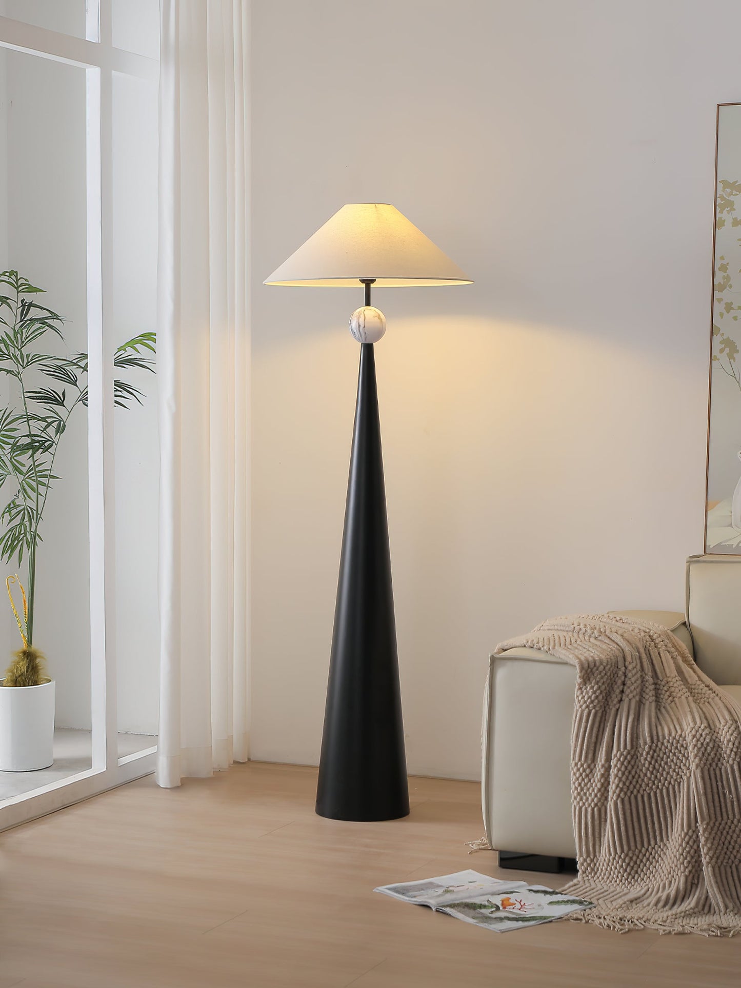 Innes Floor Lamp - Textured Black Iron & Marble Pattern Base with Cotton Shade